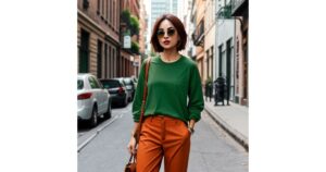 Rust colored pants with dark green shirt