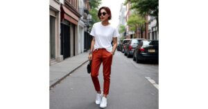 rust pants with Classic White shirt