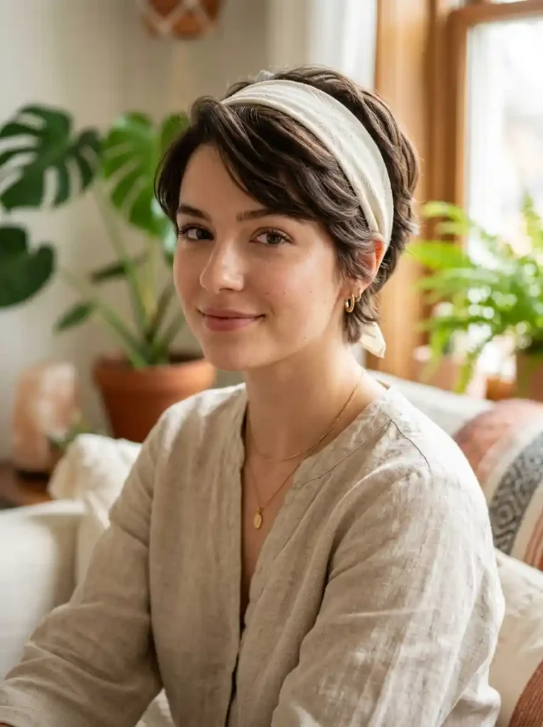 1. Layered Pixie with Skinny Bandana