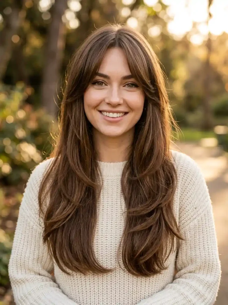 1. Long Layers with Curtain Bangs