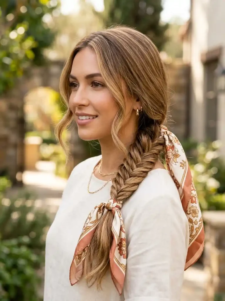 10. Side-Swept Fishtail with Bandana Ribbon