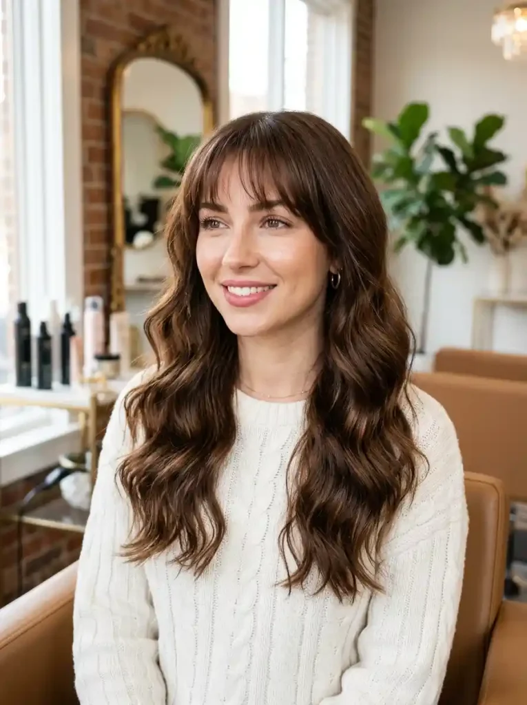 10. Wavy Hair with Wispy Bangs