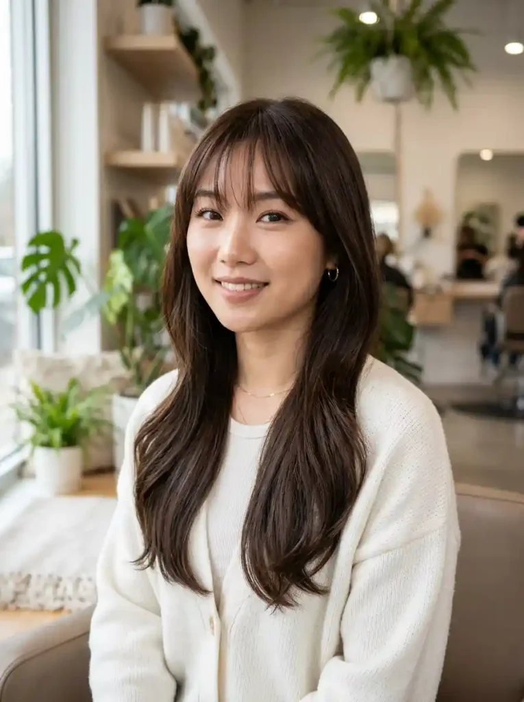 13. Long Hair with Korean See-Through Bangs