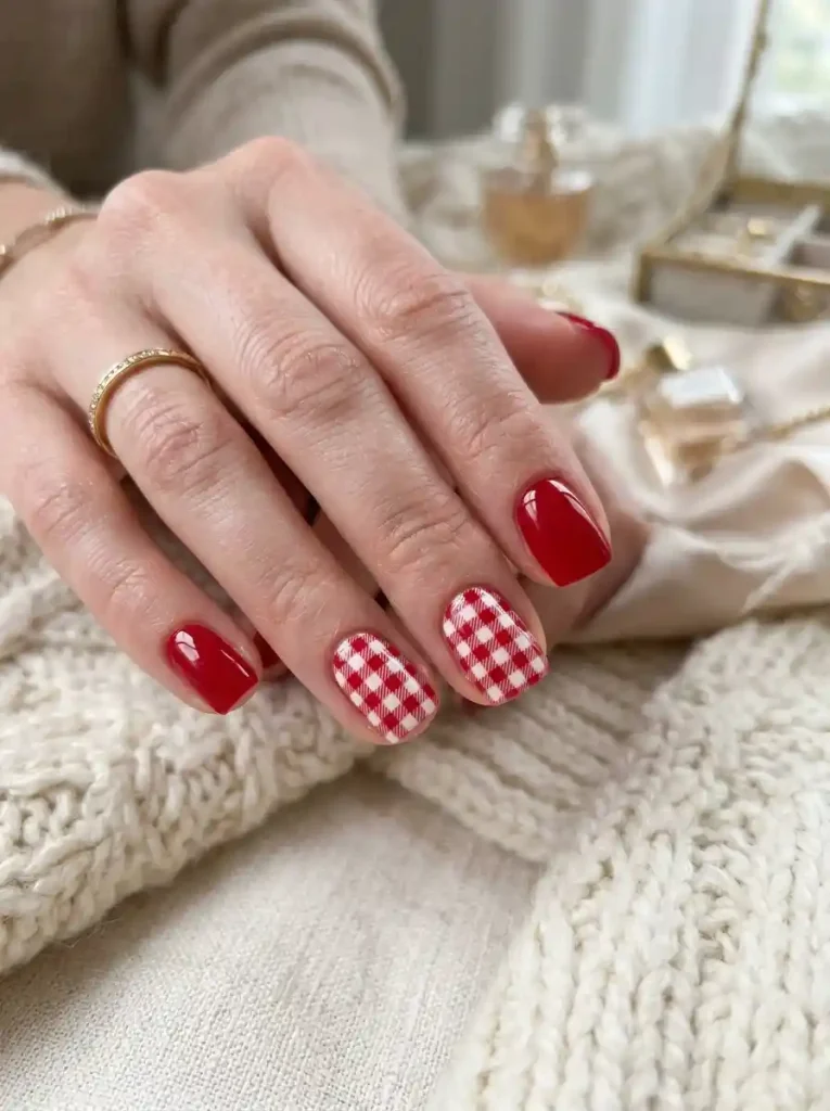 14. Cherry Picnic Gingham Nails