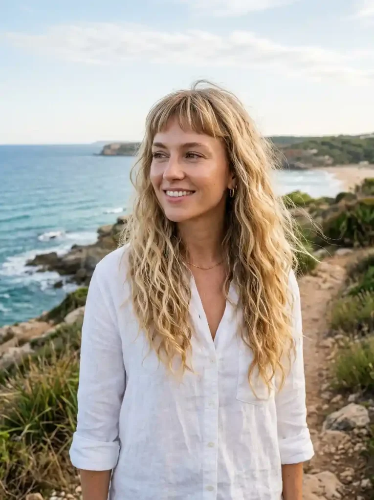 14. Long Beach Waves with Baby Bangs