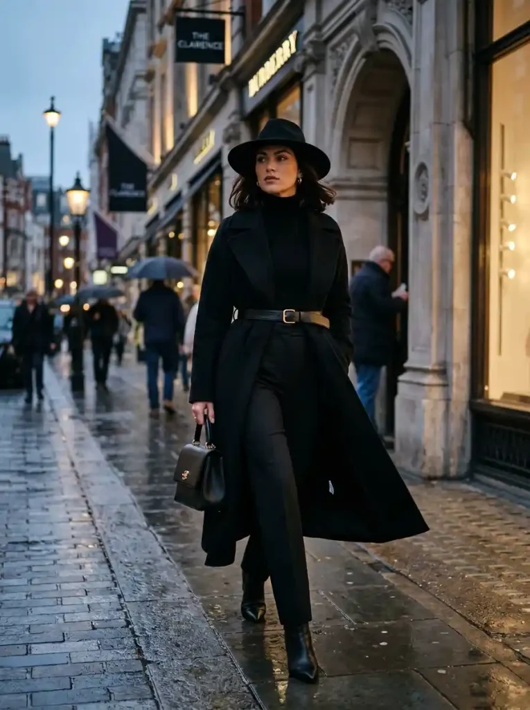 15. Belted Wool Coat with Wide-Brim Hat