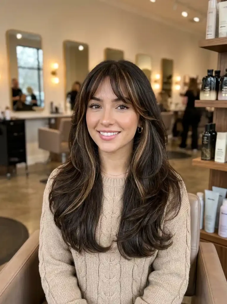 16. Long Hair with Money Piece Layers and Bangs