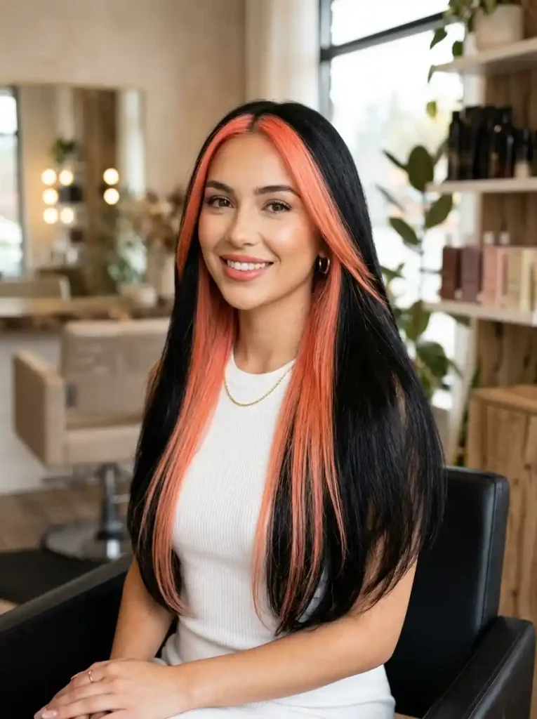 18. Black Hair with Coral Peach Stripe