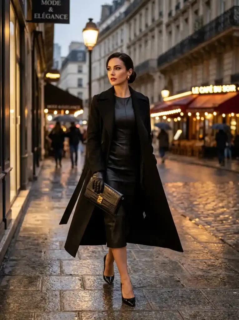 18. Leather Midi Dress with Trench Coat