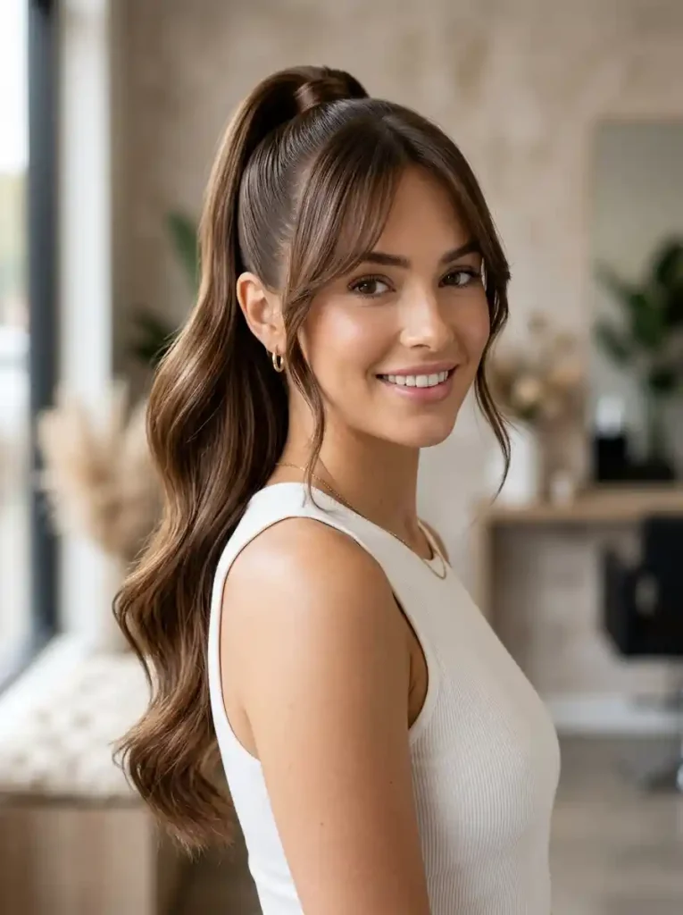 19. Long Ponytail with Face-Framing Bangs