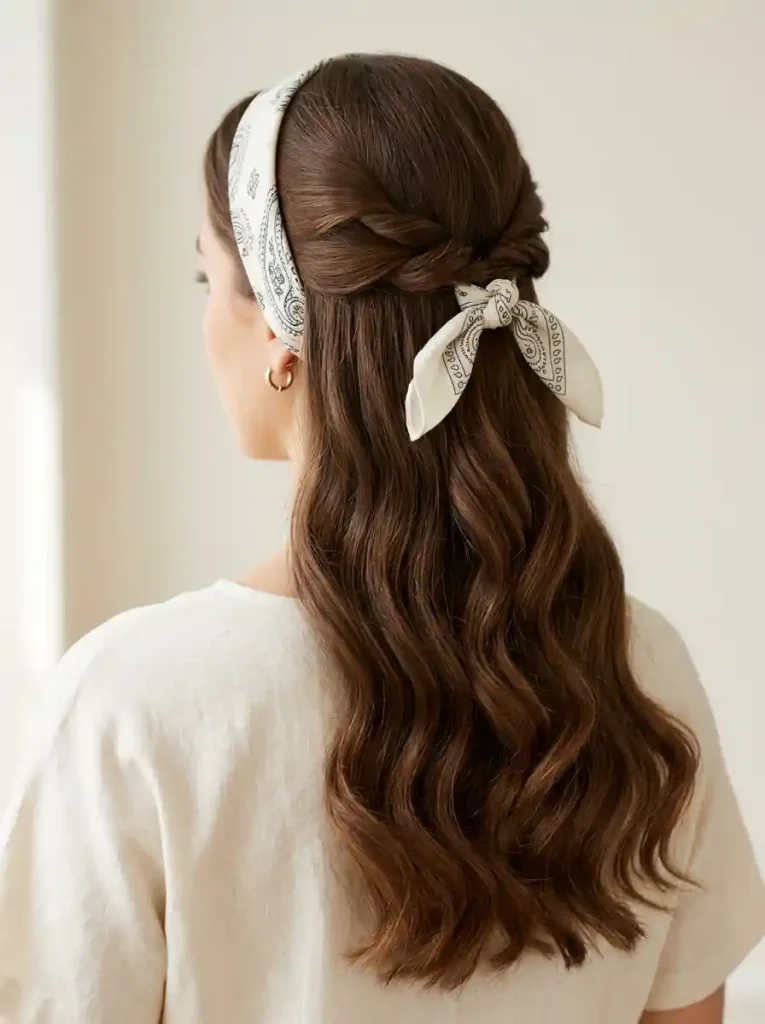 19. Twisted Half-Up Style-Bandana Hairstyles for Long Hair