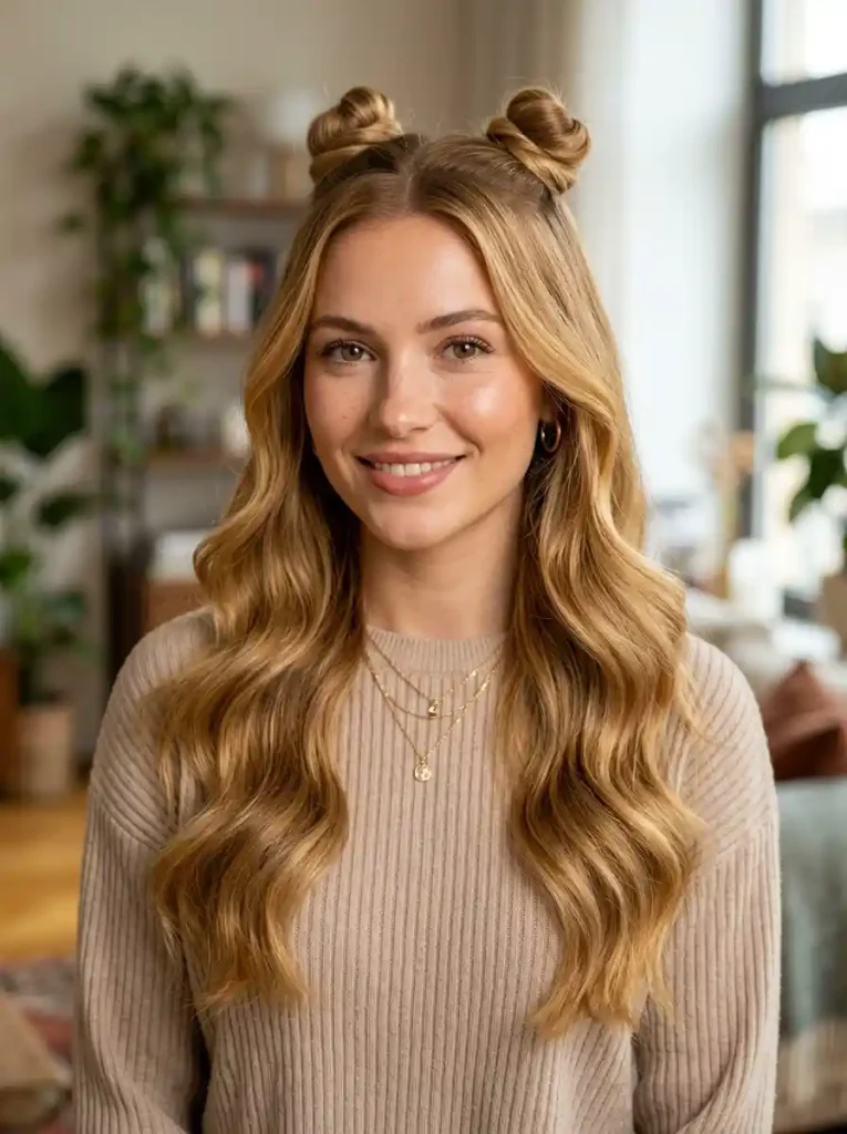 2. Double Mini Buns-Fast Hairstyles for Long Hair
