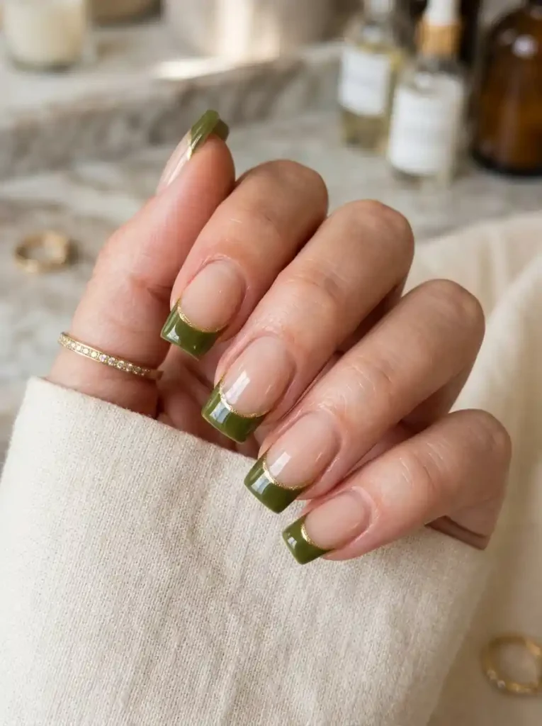 2. Olive Green French Tips-august nail ideas