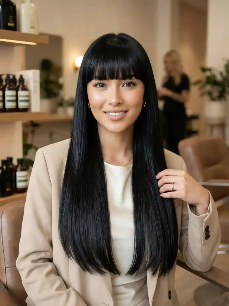 2. Sleek Long Hair with Blunt Bangs