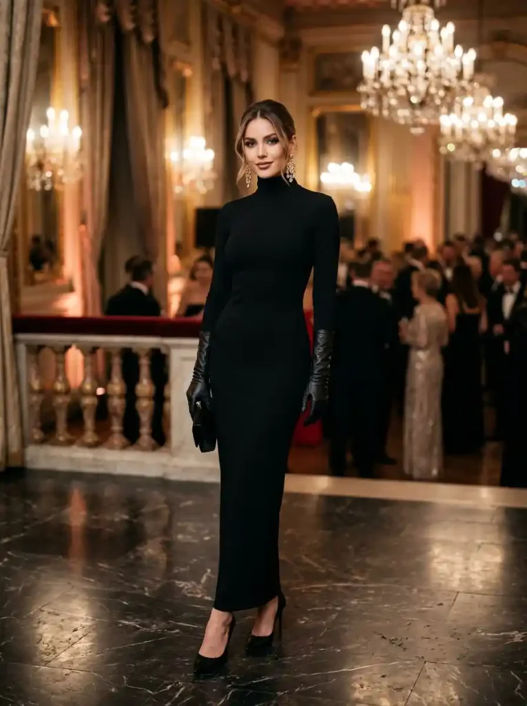 20. High-Neck Maxi Dress with Leather Gloves
