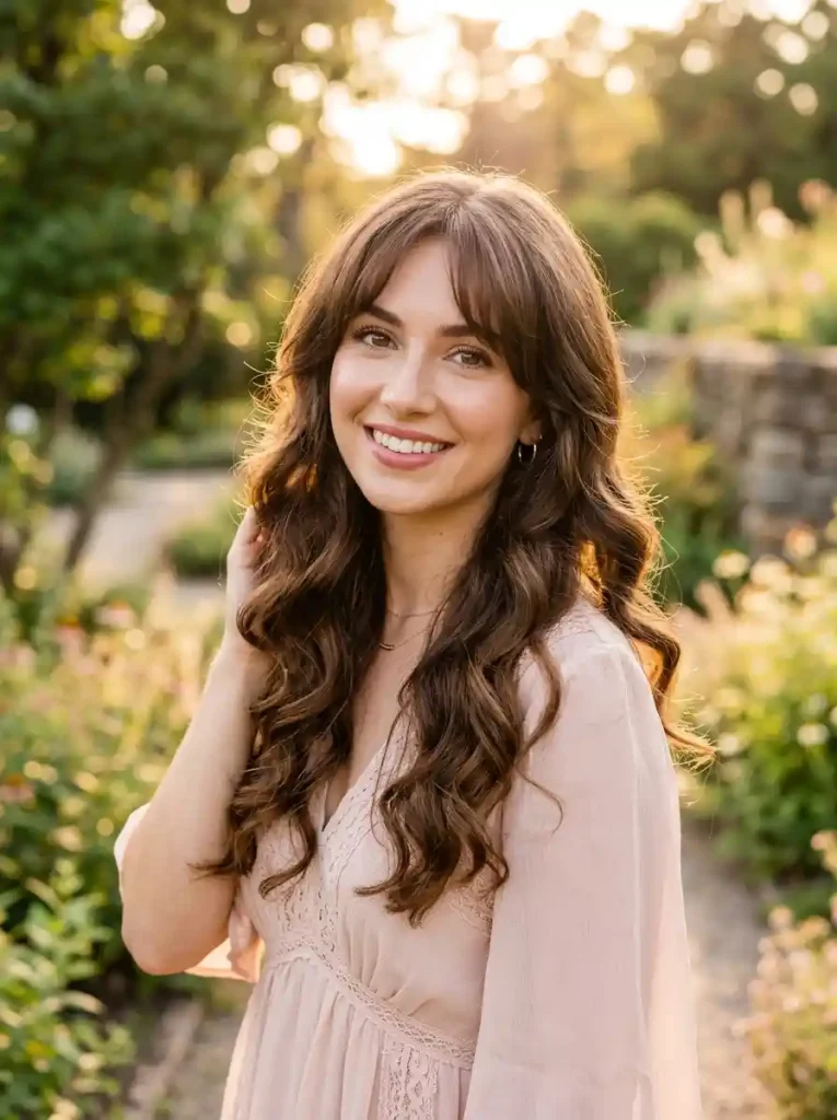 23. Soft Romantic Curls with Curtain Bangs