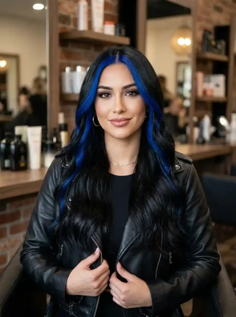 3. Jet Black with Sapphire Blue Skunk Stripe Hair Ideas