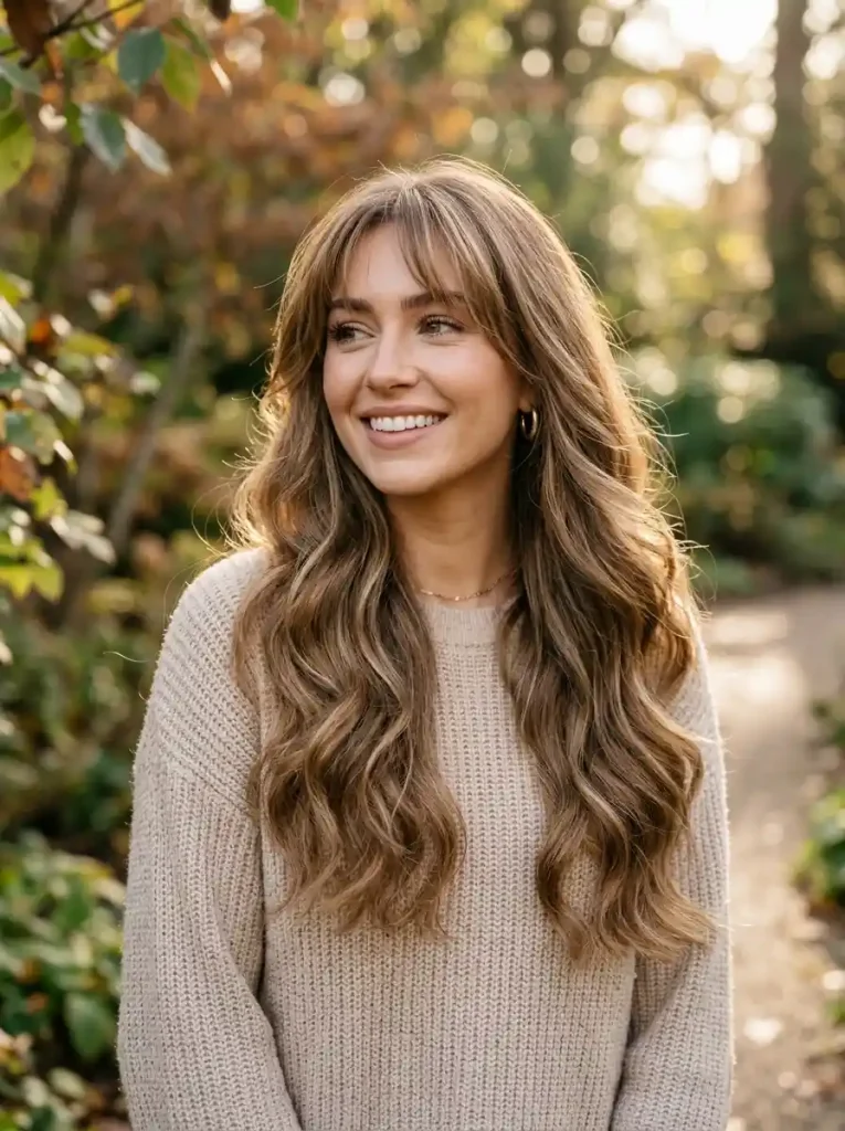 3. Long Wavy Hair with Wispy Bangs