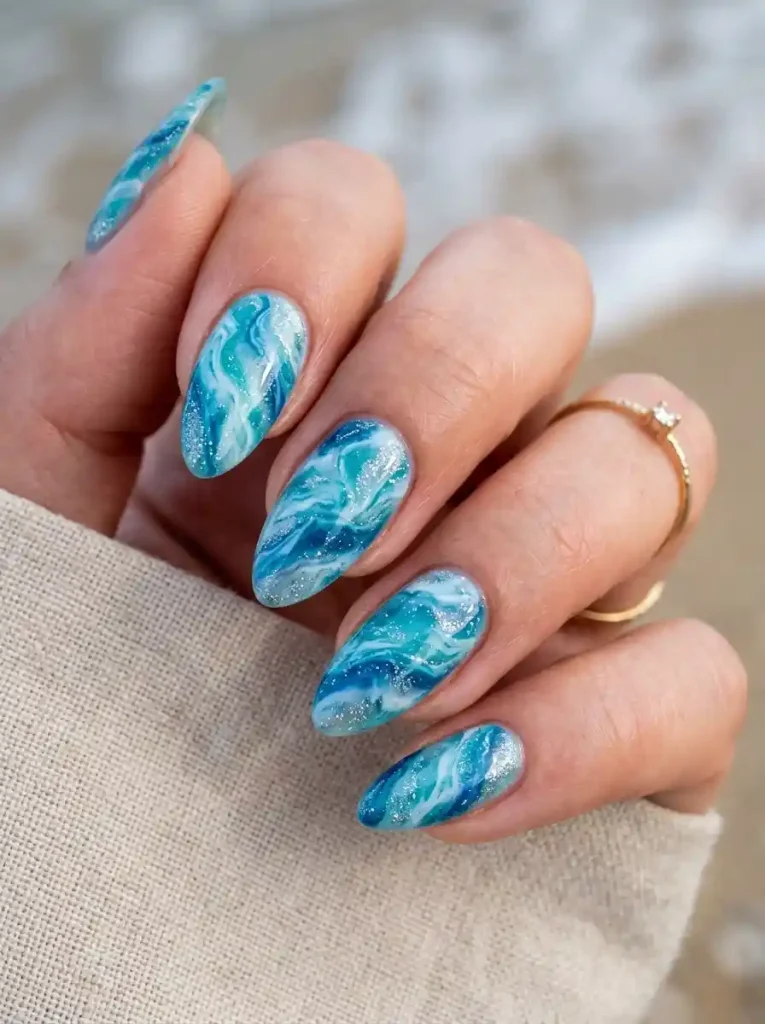 4. Blue Ocean Marble Nails