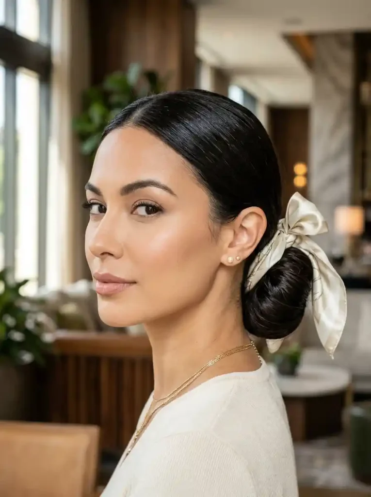 4. Low Chignon with a Side Bandana Bow
