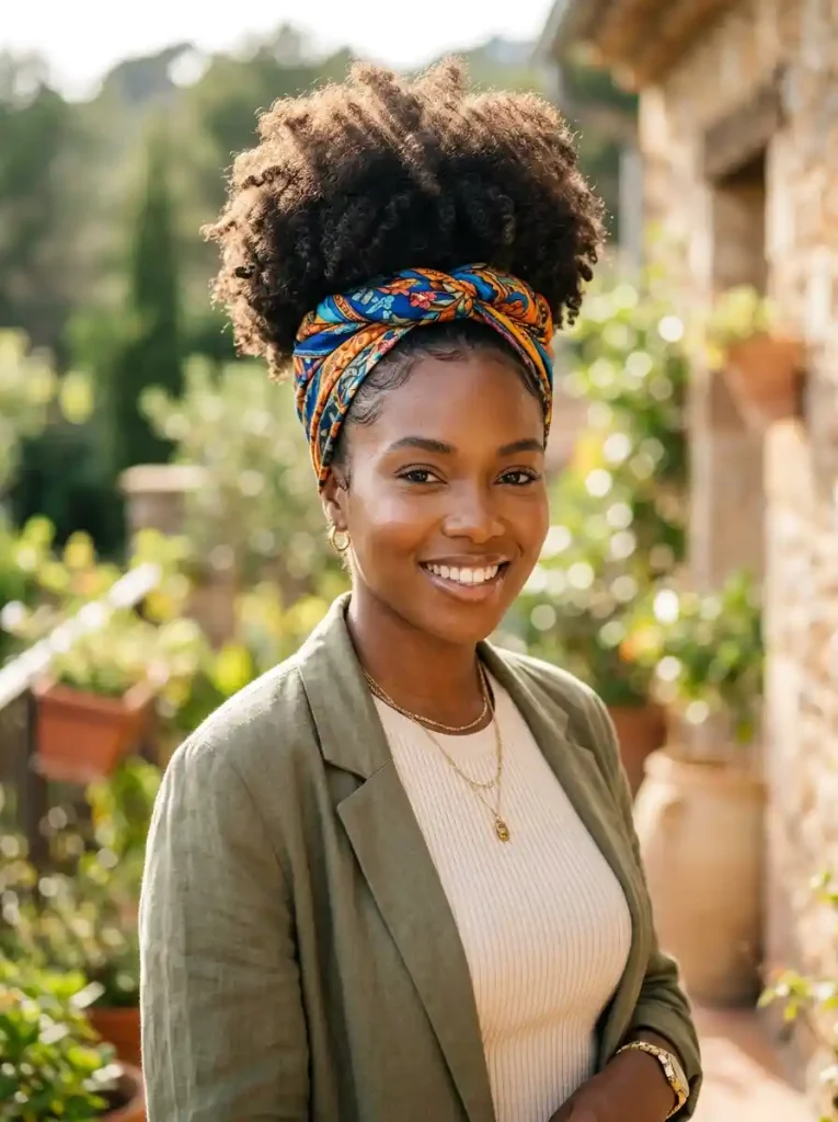 5. Curly Puff with a Printed Bandana