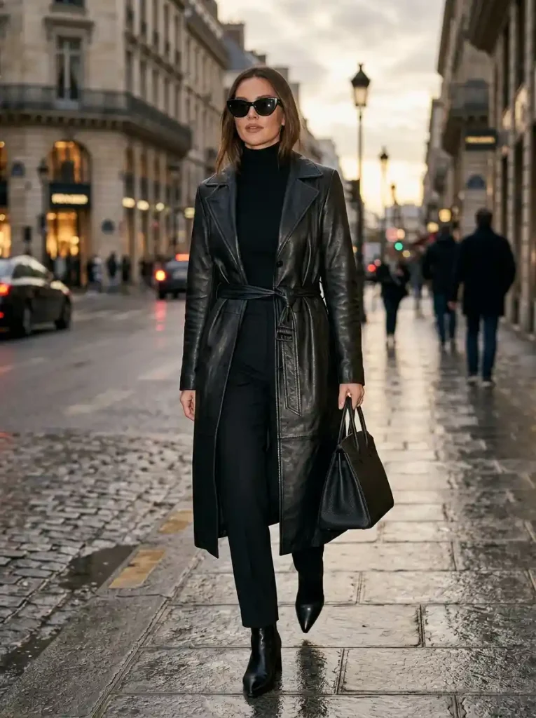 5. Long Leather Trench with Tailored Trousers