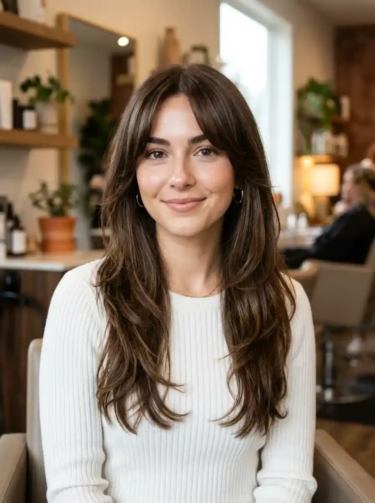 5. Long Straight Hair with Bottleneck Bangs