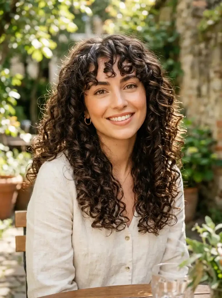 6. Long Curly Hair with Curly Bangs