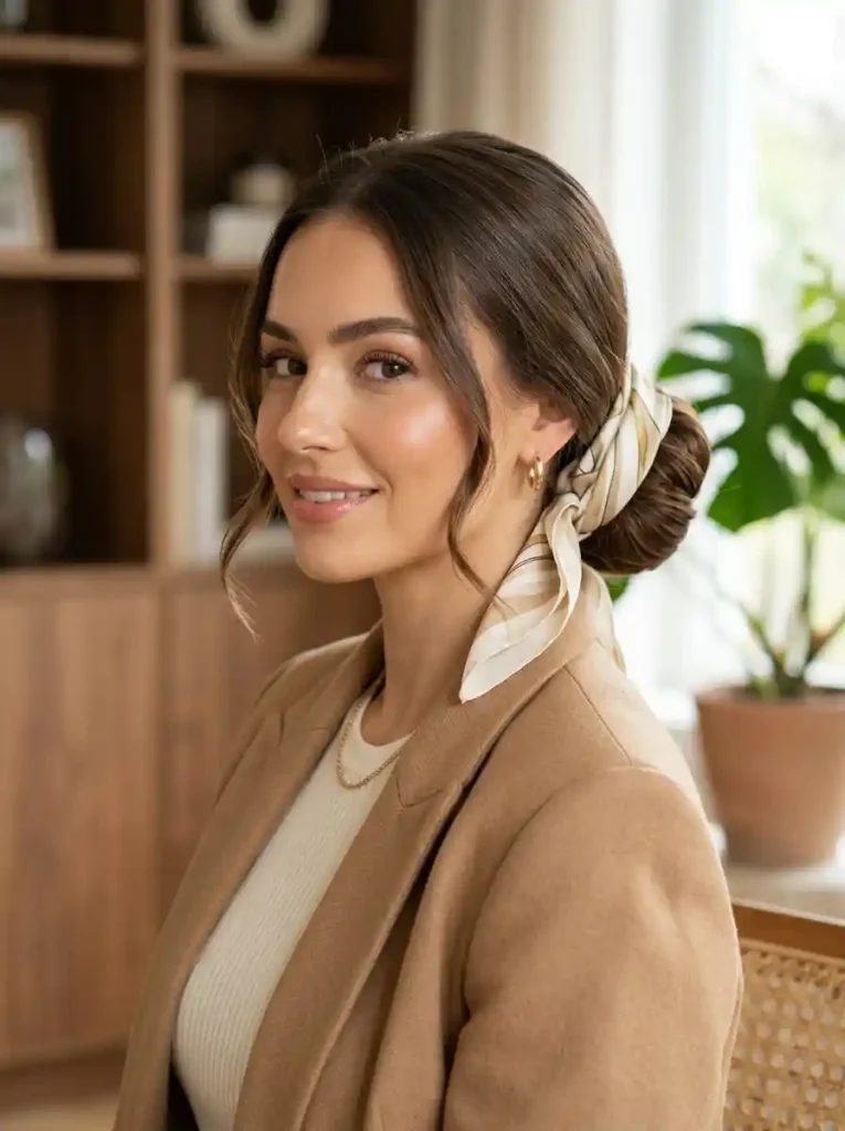 7. Scarf-Wrapped Low Bun