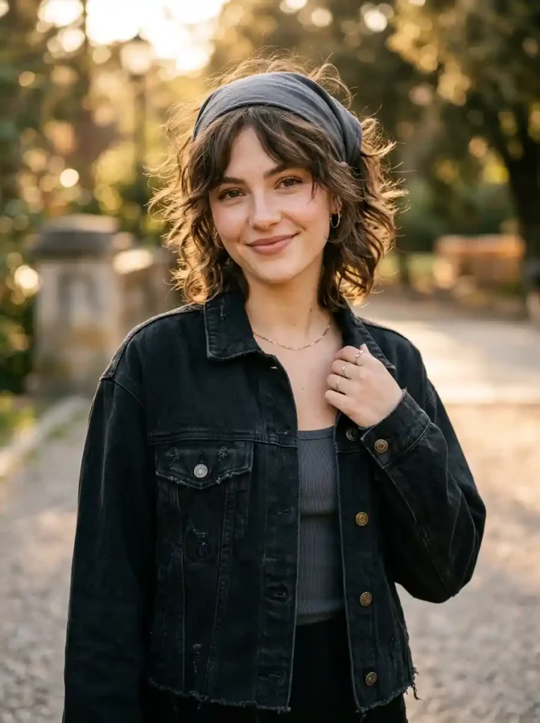 8. Short Wolf Cut with Relaxed Bandana