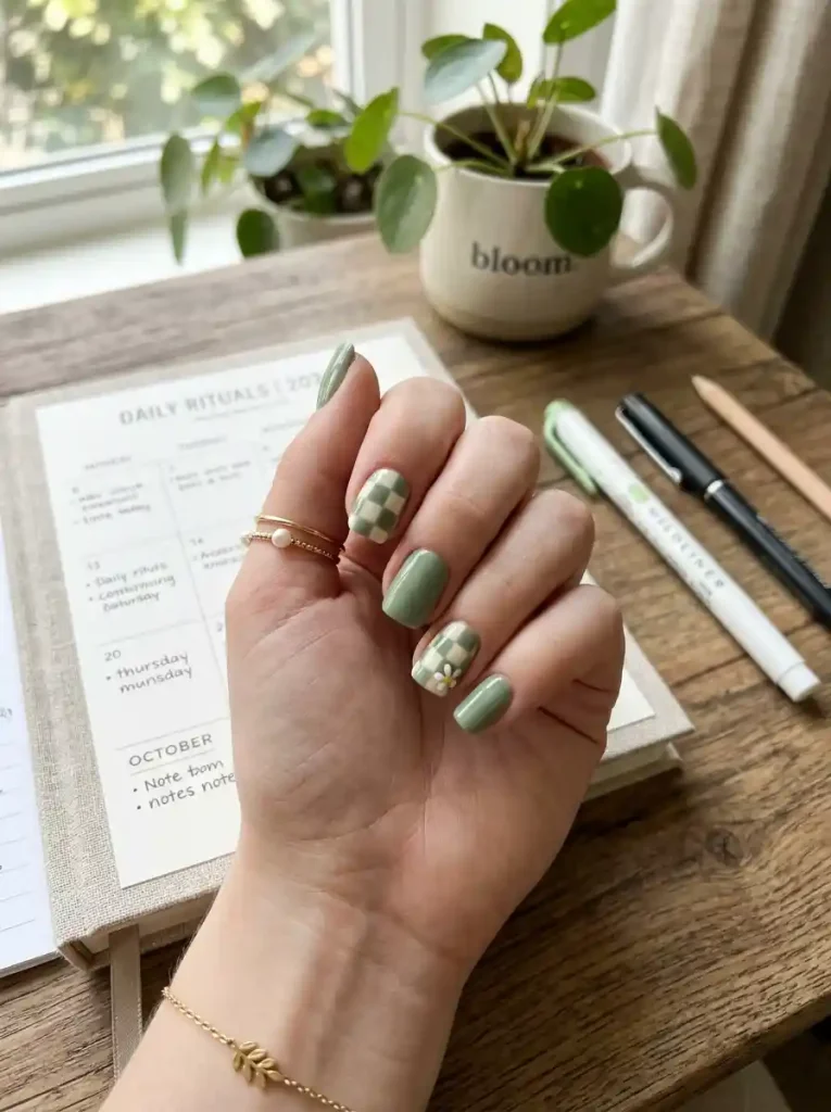 8.Sage Checkerboard Nails