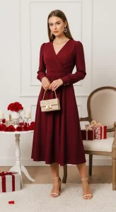 25-Red or Burgundy Midi Dress Outfit Ideas