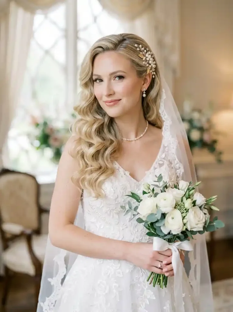 19. Side Part Hairstyles-Bridal Side Sweep Hairstyle