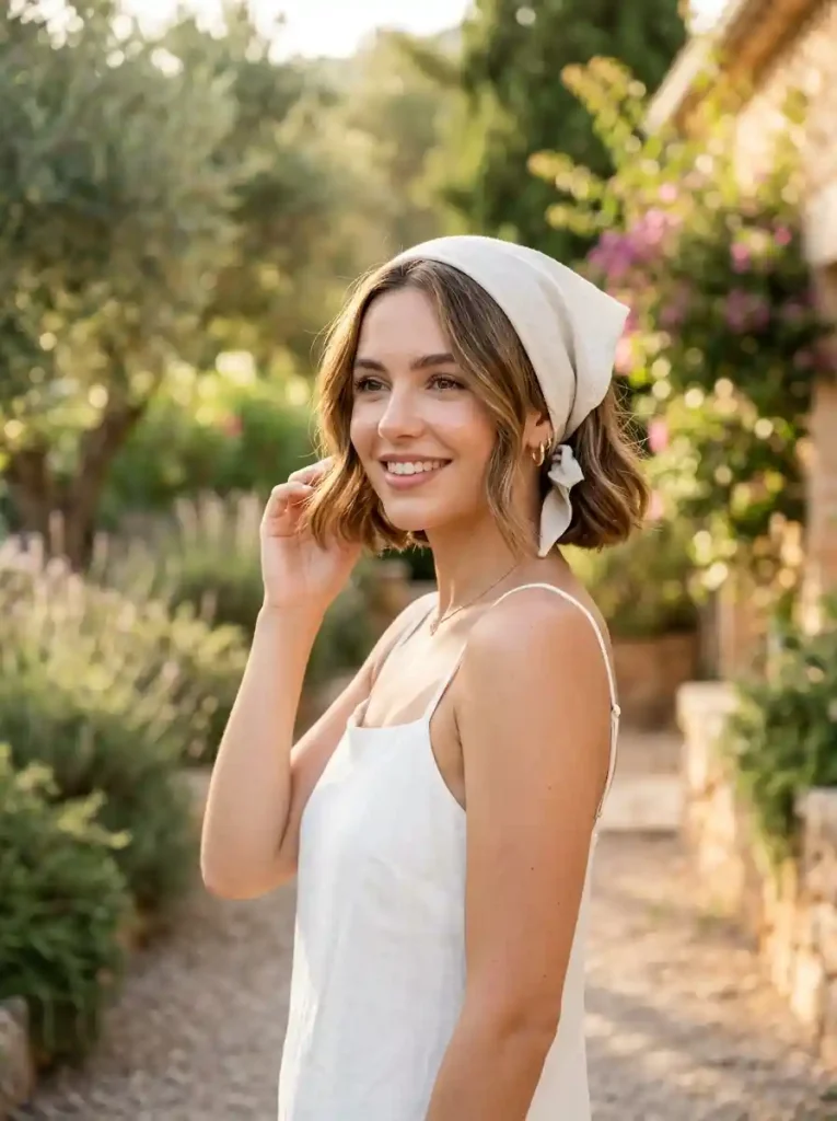 20. Side Fold Linen Wrap-Bandana Hairstyles for Short Hair