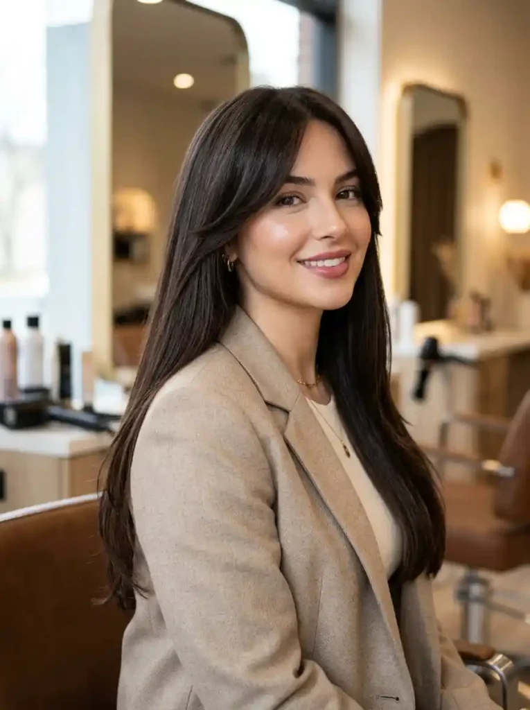22. Modern Long Hairstyles With Bangs-Sleek Long Layers with Side Bangs
