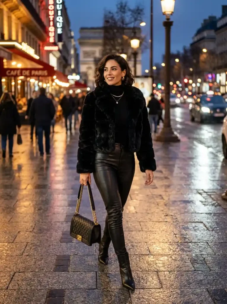 23. Faux Fur Jacket with Leather Pants-Black Mafia Outfits for Women